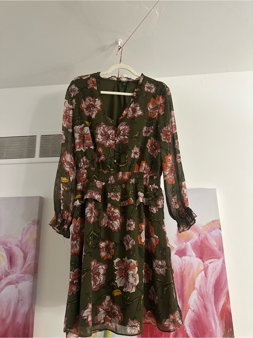 XOXO Olive Green Floral V-Neck Long Sleeve Dress with Pink & Orange Blooms
